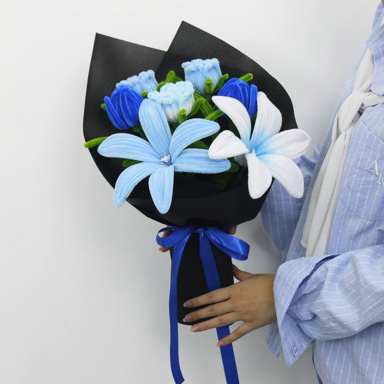 Bluence DIY bouquet featuring blue, white, and light blue lilies made from pipe cleaners, wrapped in sleek black paper with a royal blue ribbon.