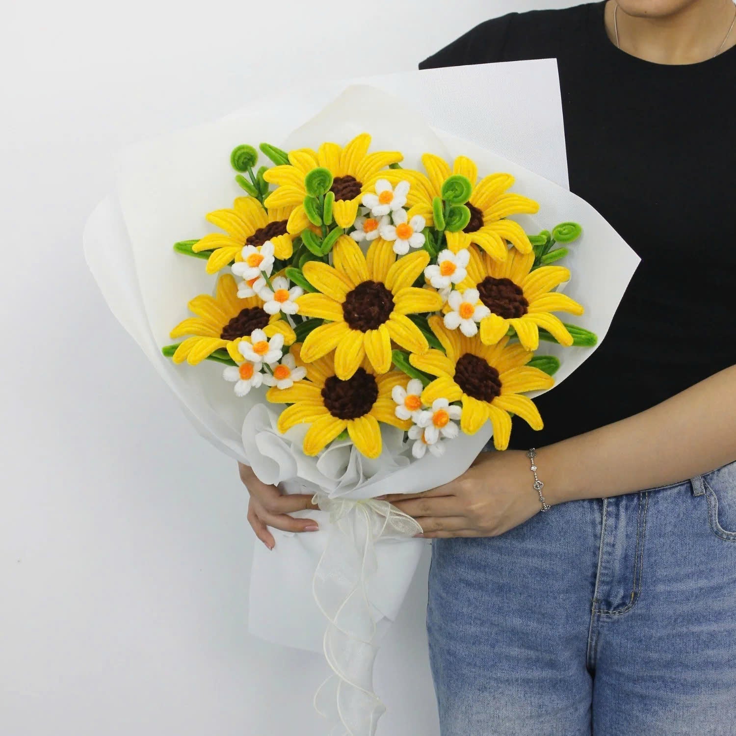 Honey Glow DIY bouquet featuring bright yellow sunflowers and small white daisies made from pipe cleaners, wrapped in soft white paper.